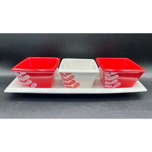 Ceramic Condiment Server Set 3 Square Bowls Tray Red White Leaf Symphony